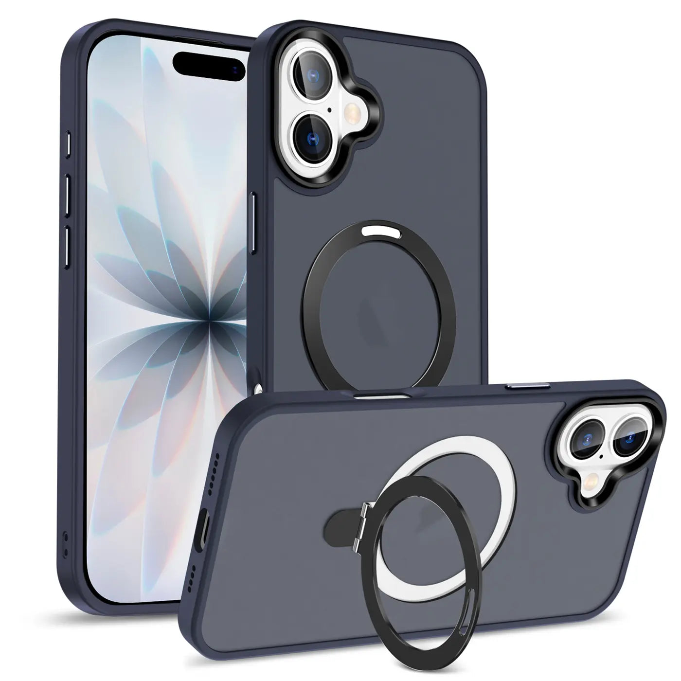 Dunkelblaue MagSafe Hülle aus Kunststoff mit Aufstellring, iPhone 17, verschiedene Winkel.