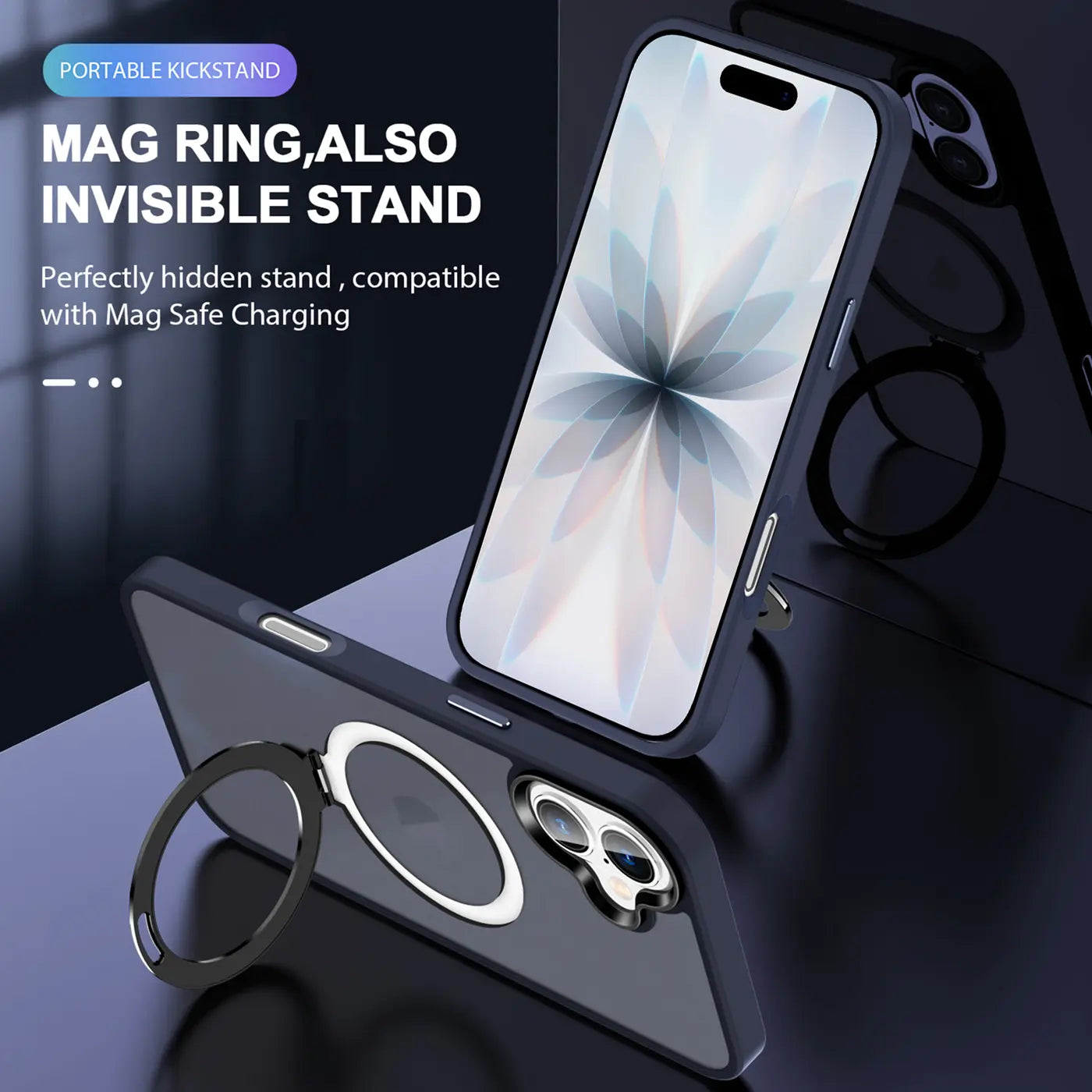 Dunkelblaue Handyhülle aus Kunststoff mit silbernem Aufstellring, iPhone 17, von vorne unten.