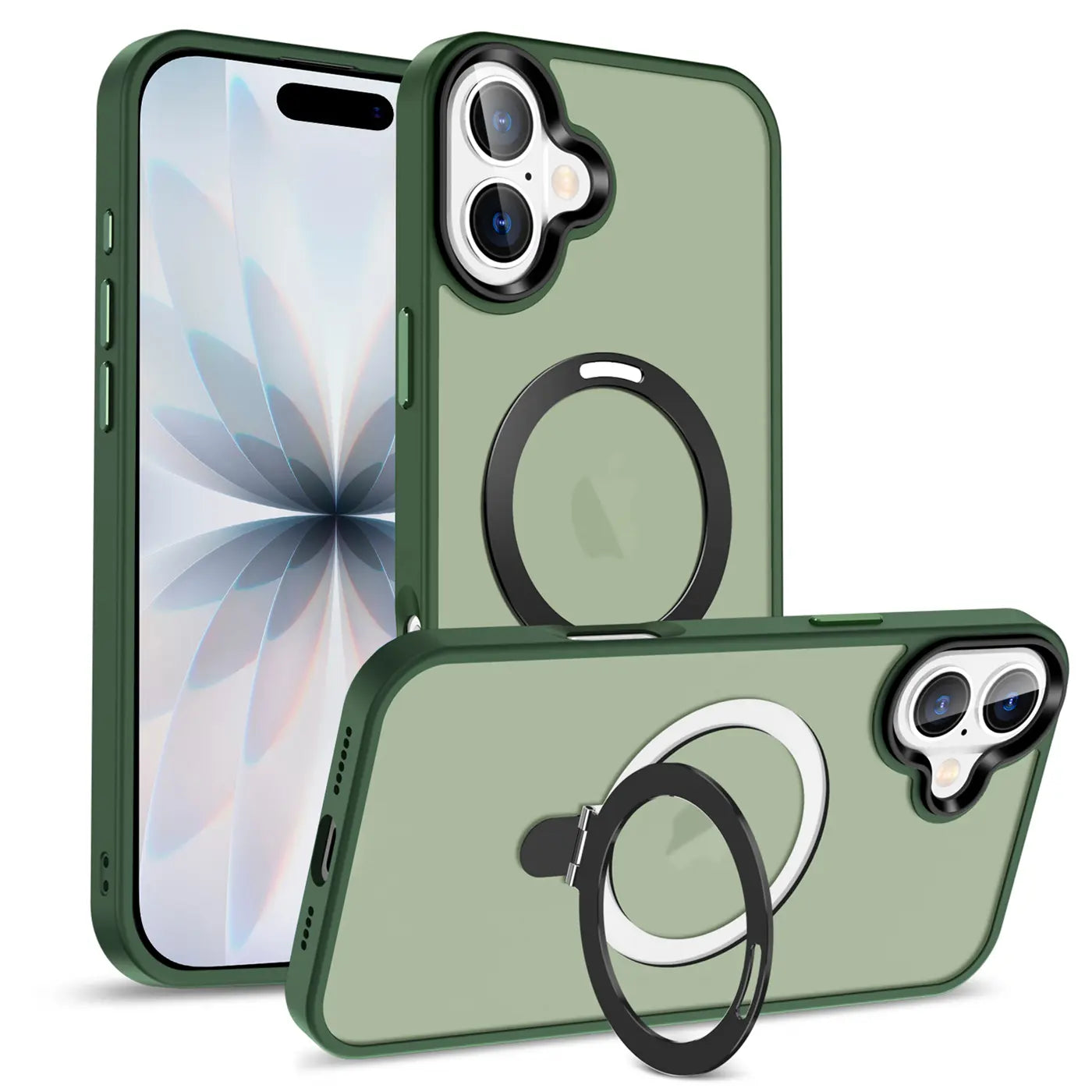 Grüne MagSafe Hülle mit Aufstellring für iPhone 17, Rückansicht und Seitenansicht.