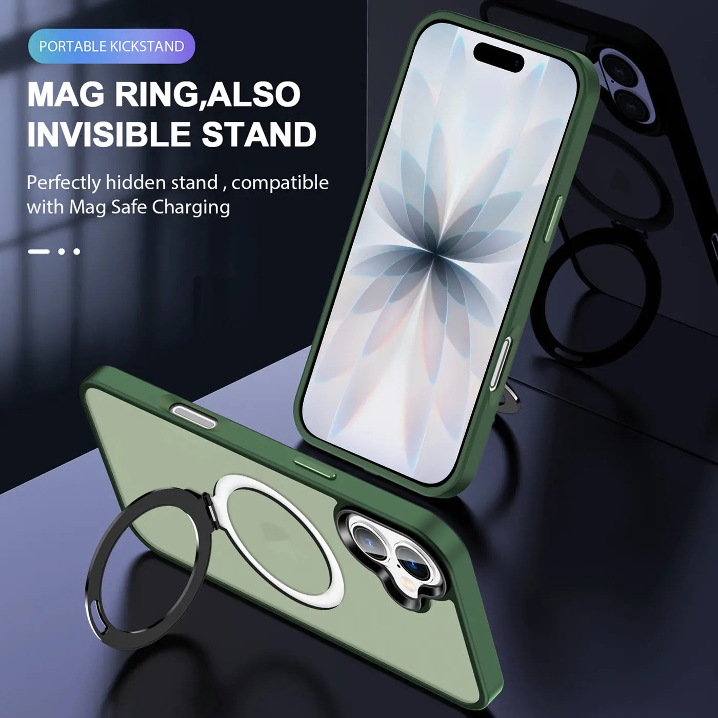 Grüne MagSafe Hülle mit ausklappbarem Ring, zeigt iPhone.
