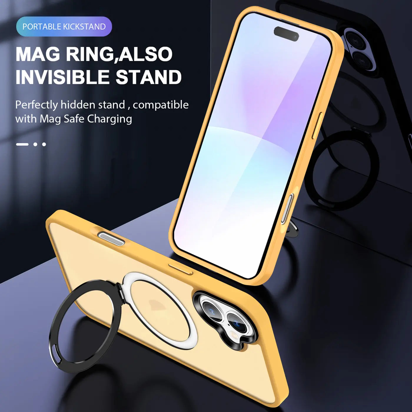 Gelbe Handyhülle aus Kunststoff mit integriertem silbernem Ringständer, iPhone 17, von vorne/oben