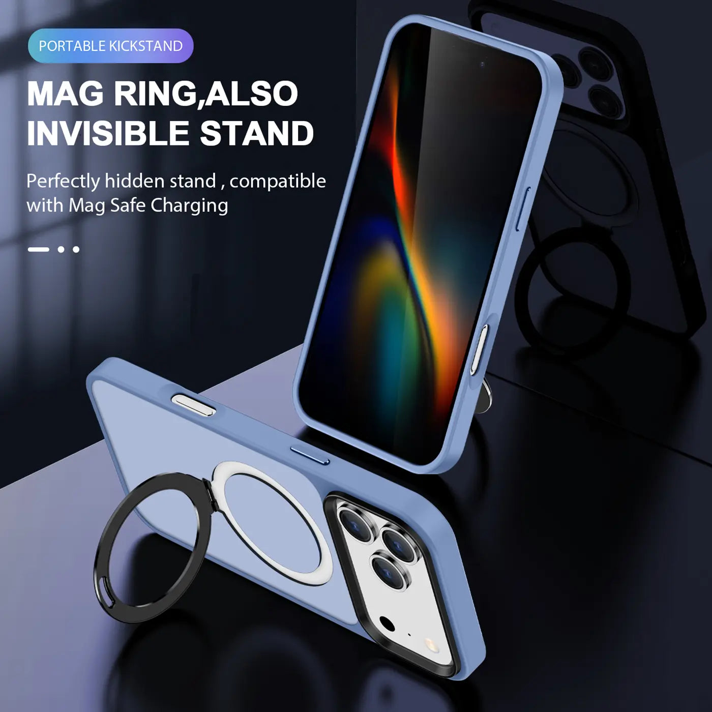 Blaue MagSafe Hülle mit Aufstellring für iPhone 17 Pro, von schräg unten gesehen.