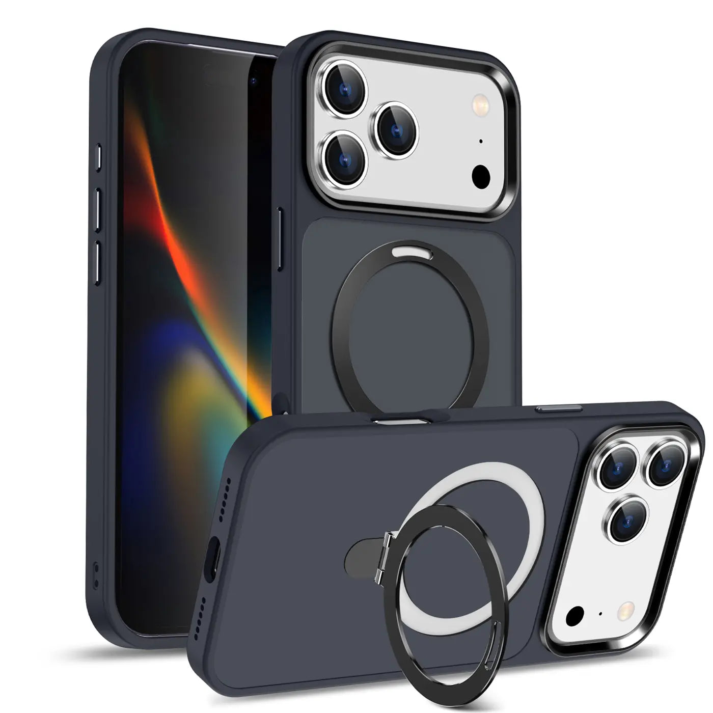 Dunkelblaue MagSafe Hülle mit Aufstellring für iPhone 17 Pro, von vorne und schräg