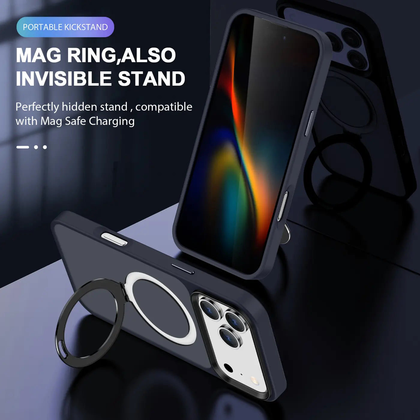 Dunkelblaue MagSafe Hülle aus Kunststoff mit Ring für iPhone 17 Pro, Seitenansicht.
