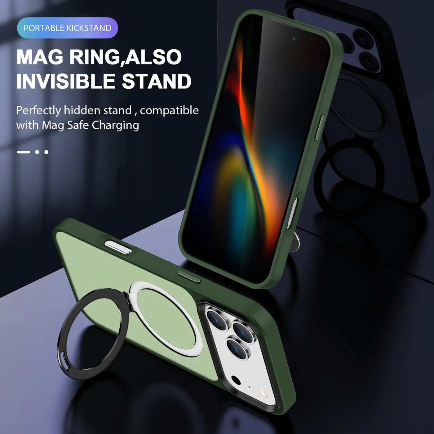 Dunkelgrüne MagSafe Hülle mit Aufstellring, iPhone 17 Pro, Rückansicht