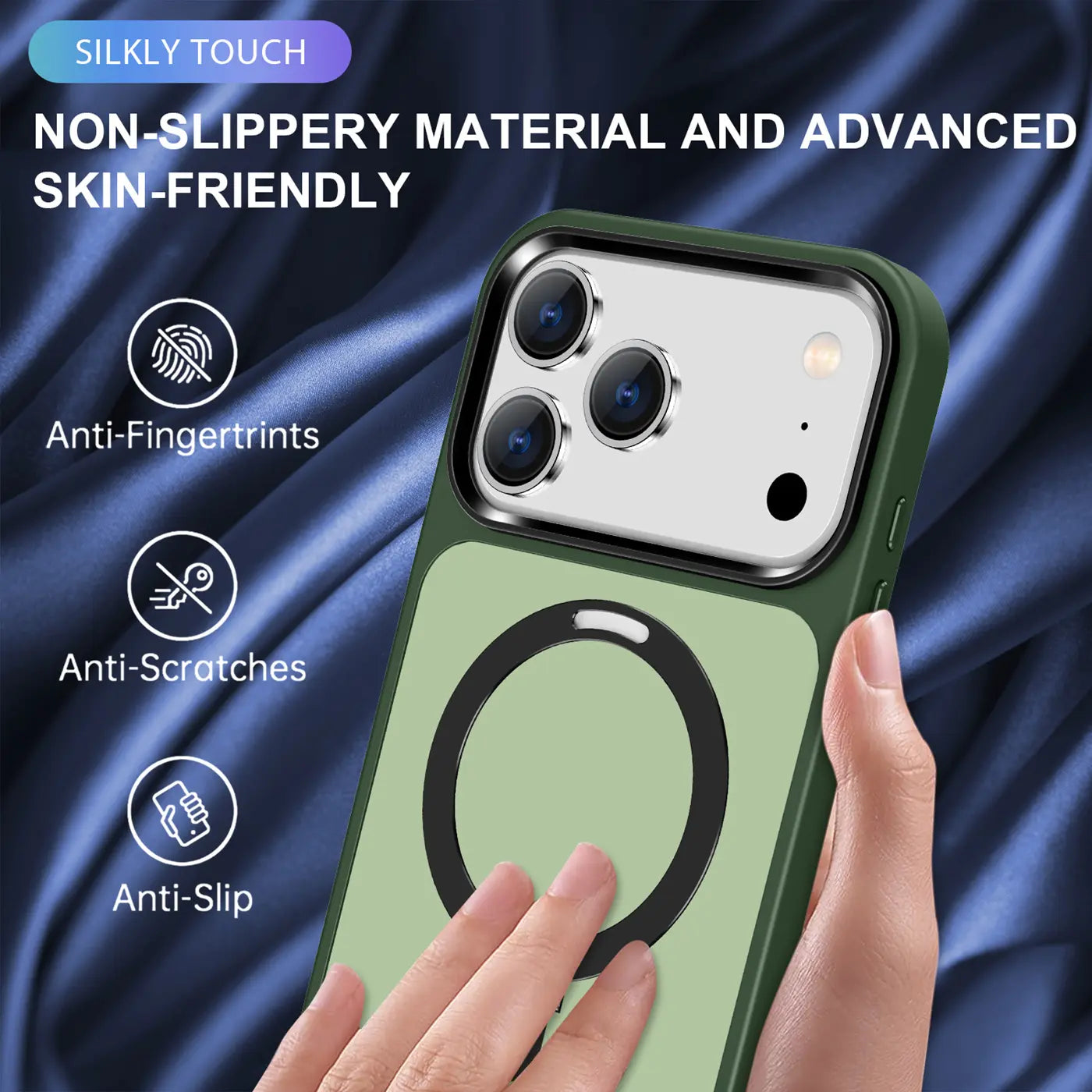 Grüne MagSafe Hülle mit Aufstellring, von hinten, auf iPhone 17 Pro.