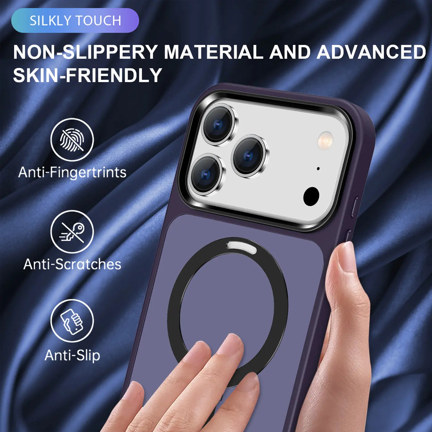 Lila MagSafe Hülle mit Aufstellring, Rückansicht eines iPhones, von vorne gehalten.