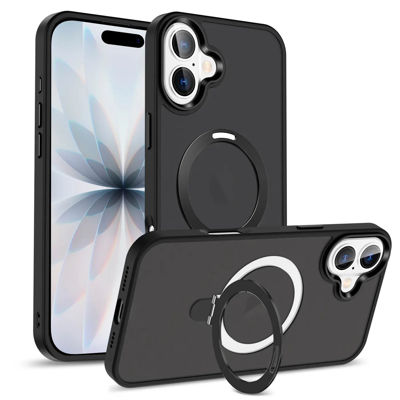 Schwarze MagSafe Hülle aus Kunststoff mit Aufstellring für iPhone 17, Vorder- und Rückansicht.