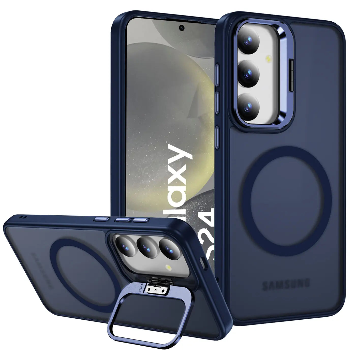 Dunkelblaue MagSafe Hülle mit Aufstellring für Samsung Galaxy S24, von vorne und schräg