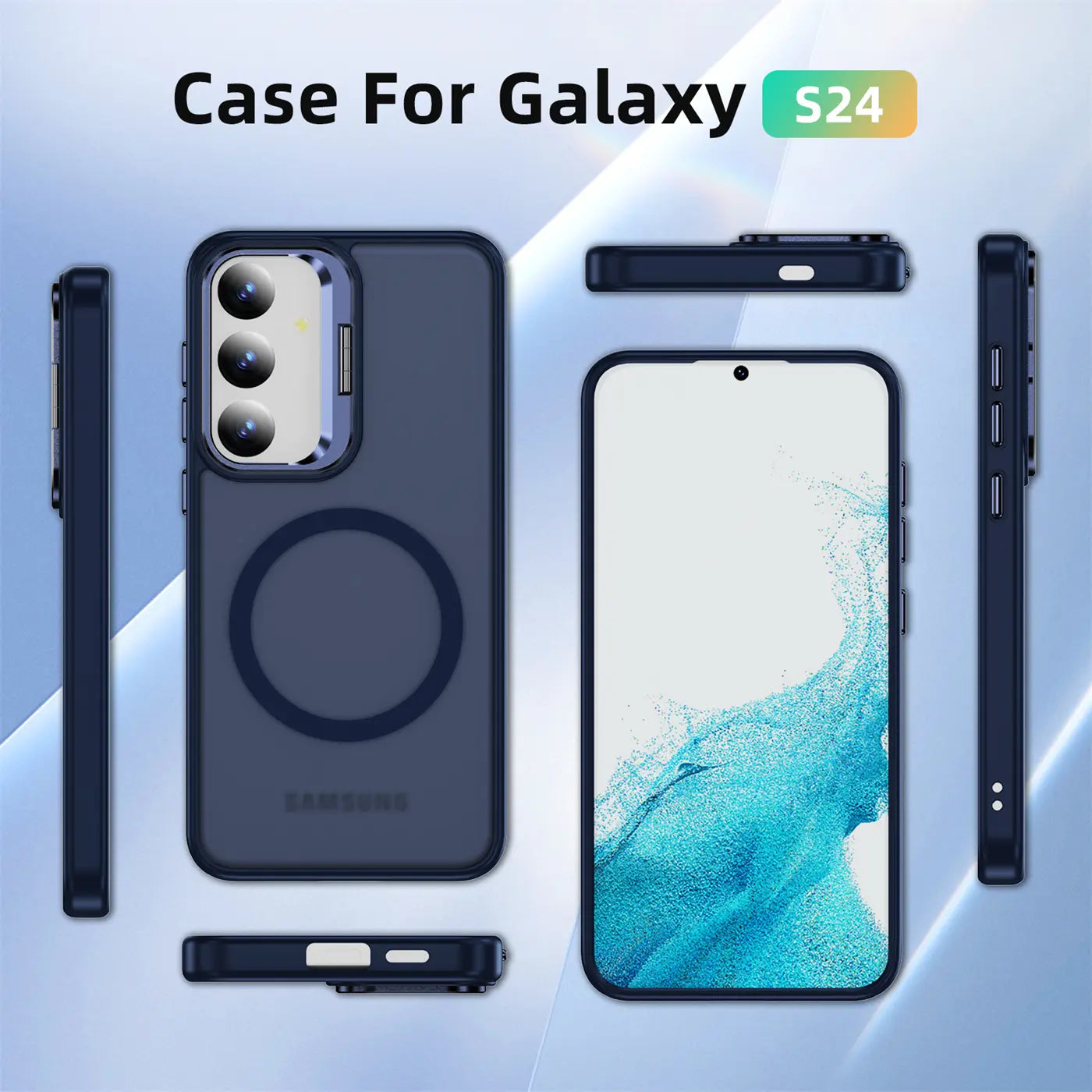 Dunkelblaue MagSafe-Hülle für Samsung Galaxy S24, mit Aufstellring, verschiedene Ansichten.