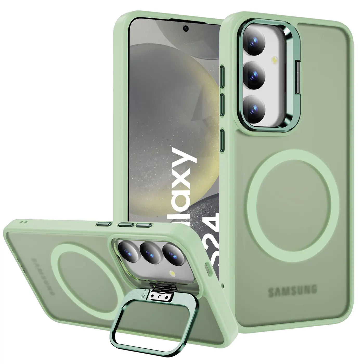 Grüne MagSafe Hülle aus Kunststoff mit Aufstellring für Samsung Galaxy S24, von vorne/seitlich.