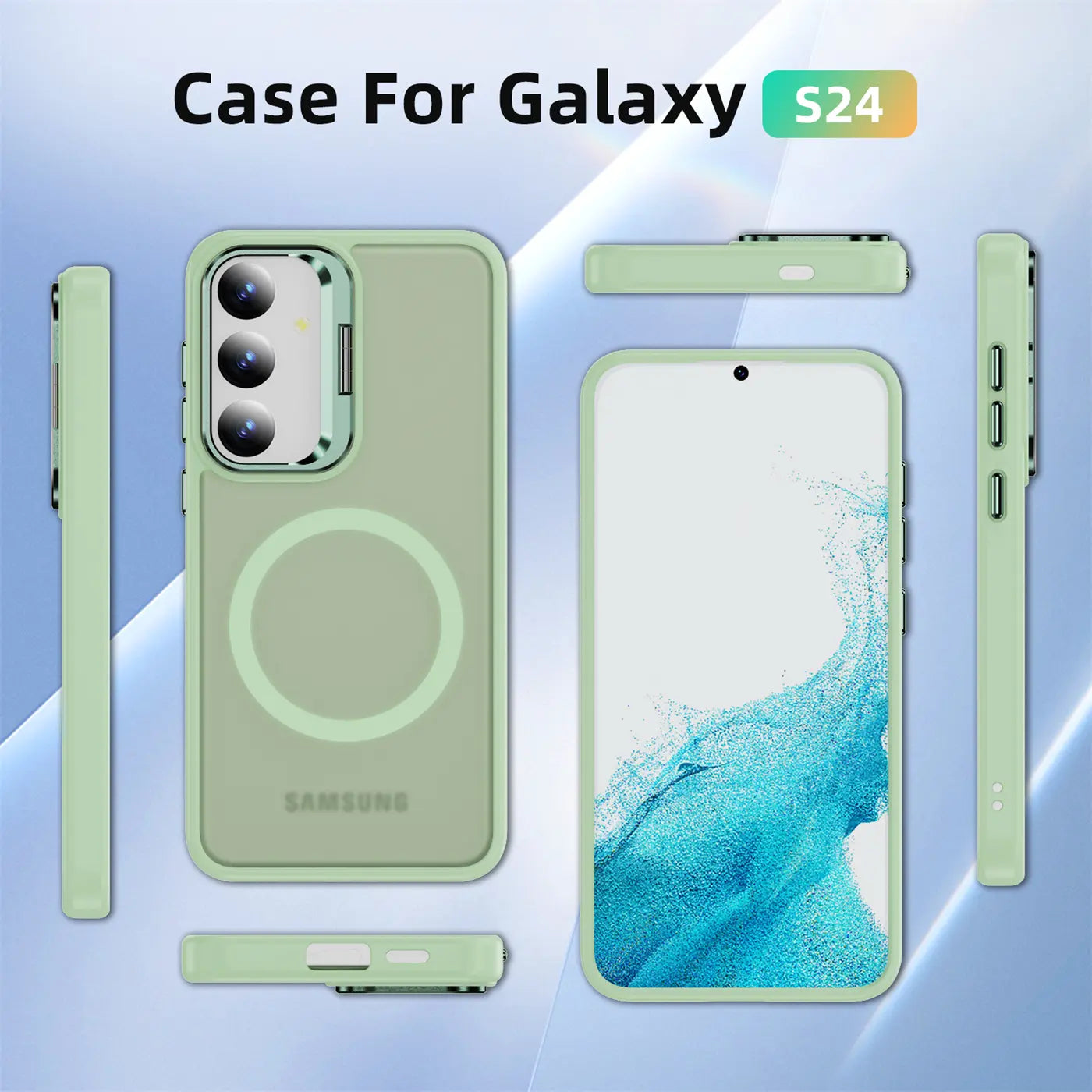 Grüne MagSafe-Hülle mit Aufstellring für Samsung Galaxy S24, verschiedene Ansichten.
