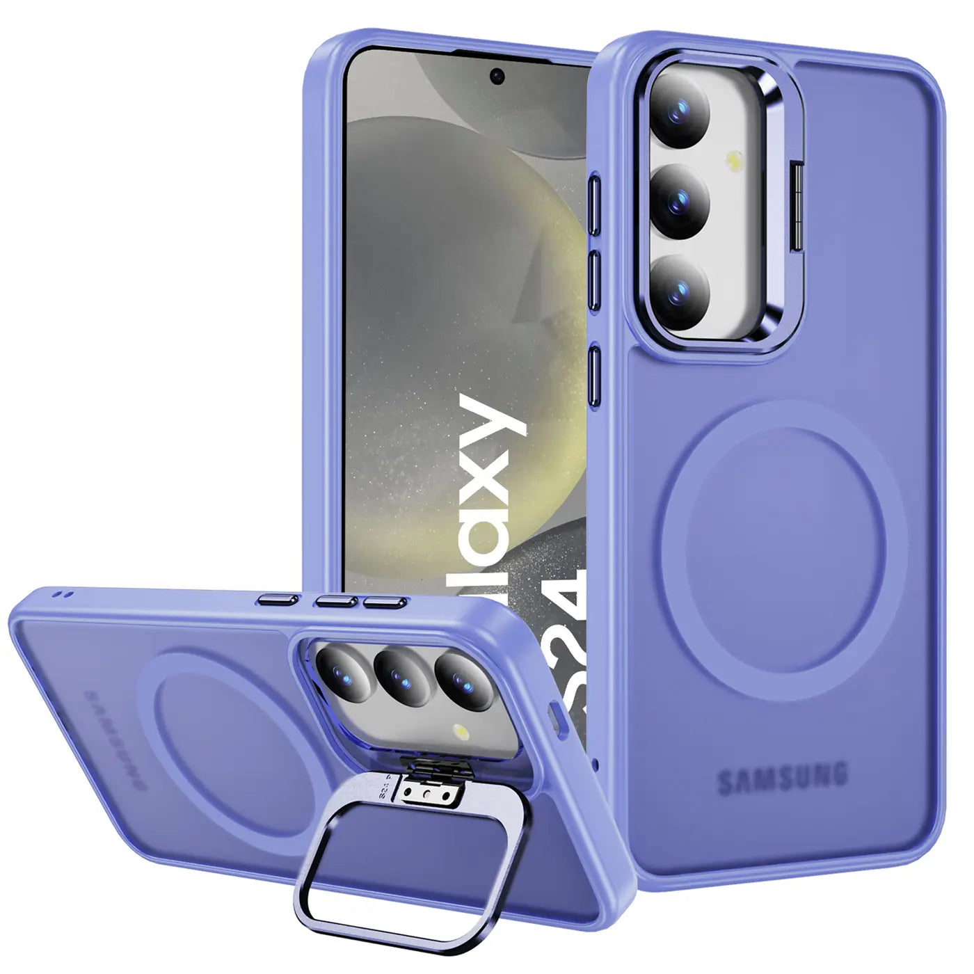 Lila MagSafe Hülle mit Aufstellring für Samsung Galaxy S24, von vorne und seitlich
