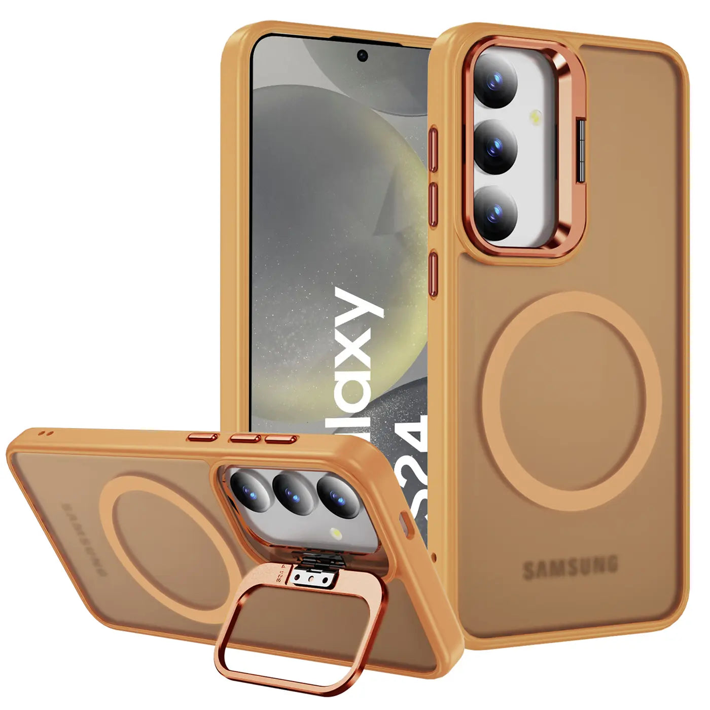 Samsung Galaxy S24 Hülle, braun, transparent, mit Ring, MagSafe, von vorne/seitlich