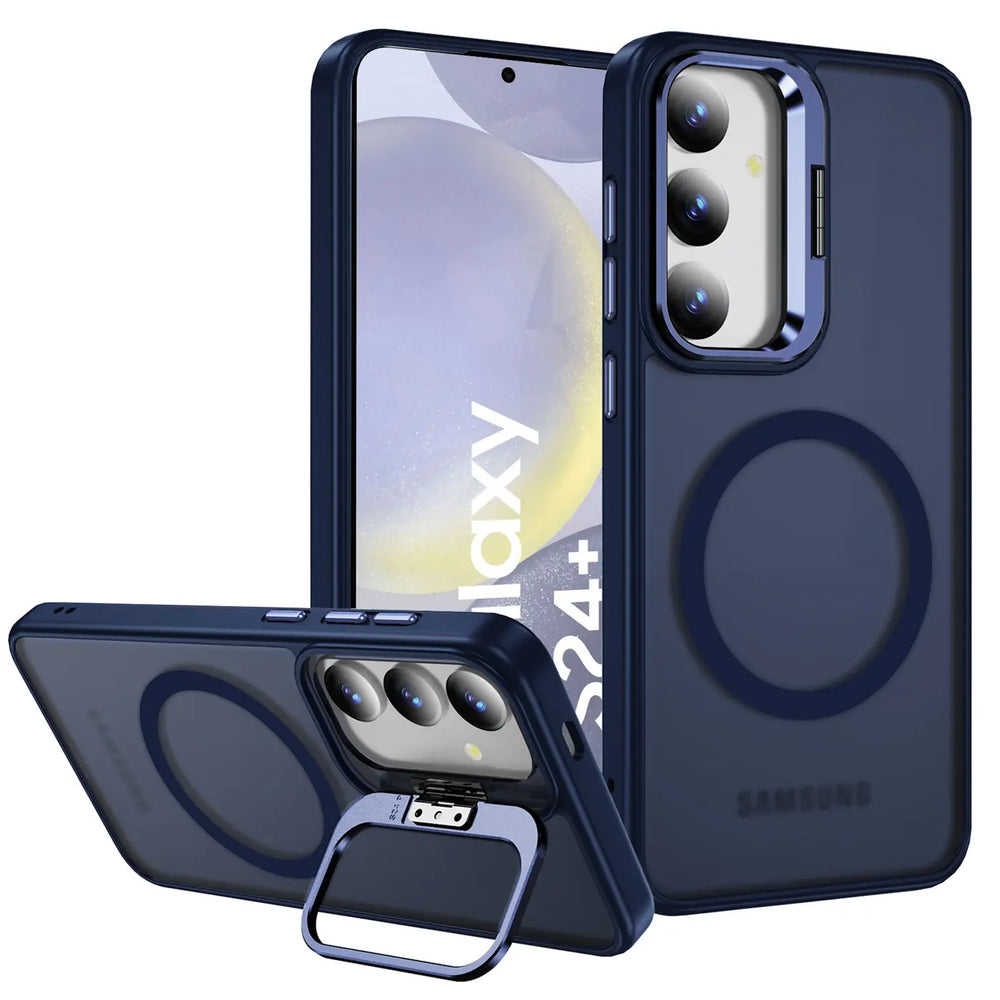 Dunkelblaue MagSafe Hülle mit Aufstellring für Samsung Galaxy S24 Plus, von vorne/seitlich