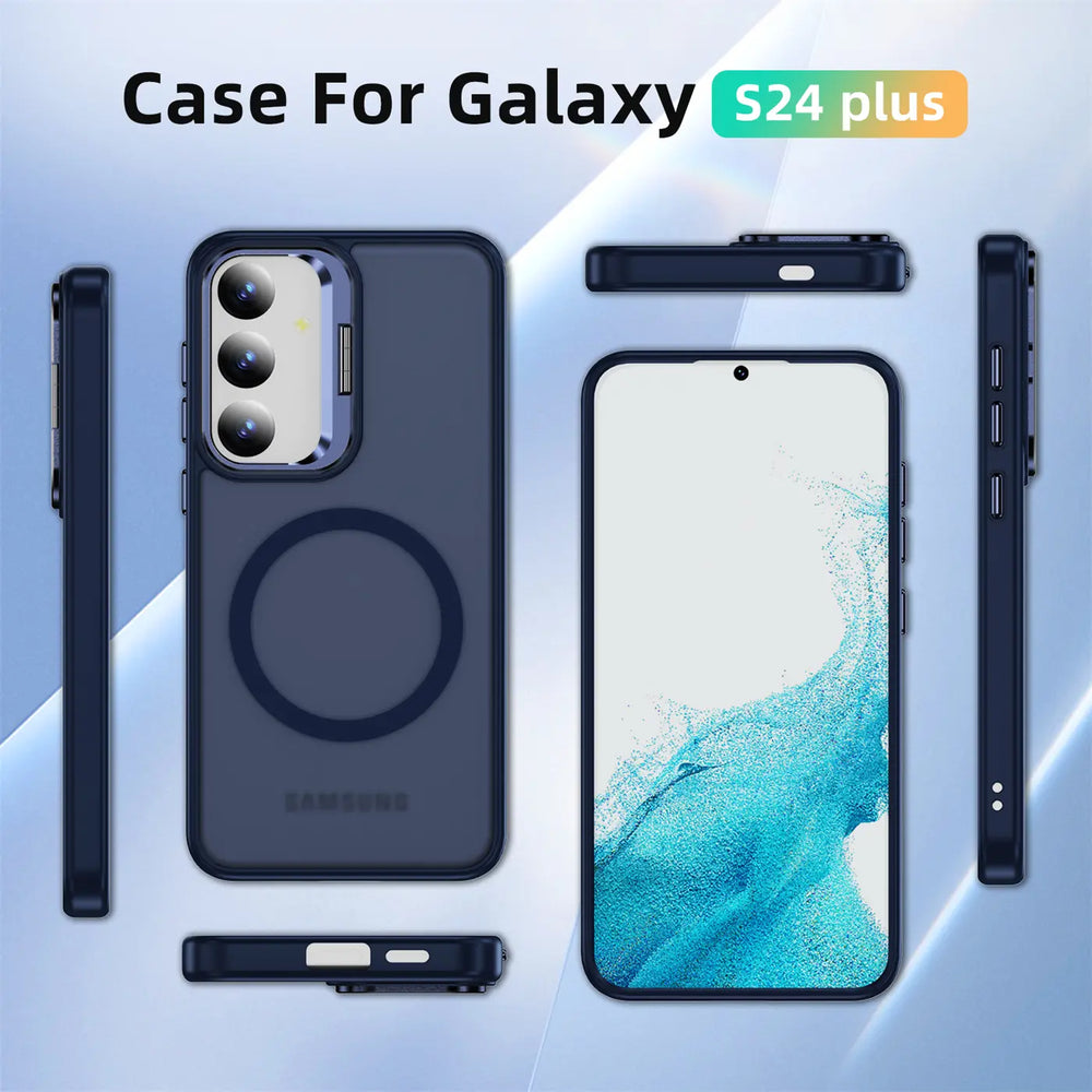 Dunkelblaue MagSafe Hülle mit Aufstellring für Samsung S24 Plus, verschiedene Ansichten.