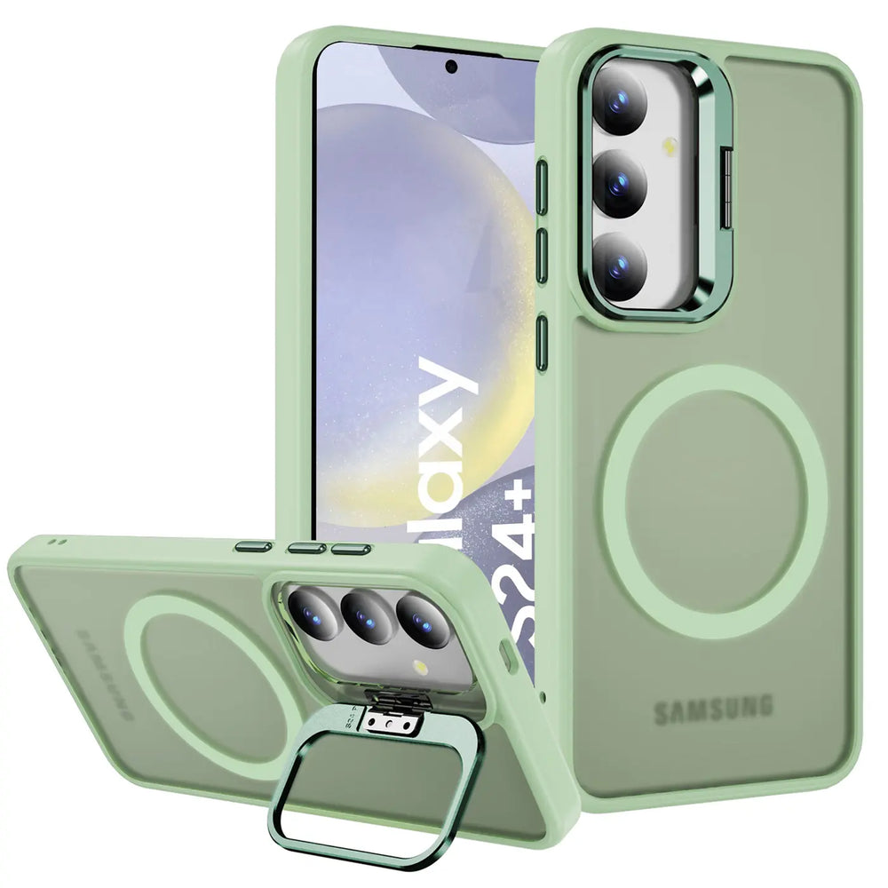 Grüne MagSafe Hülle mit Aufstellring für Samsung Galaxy S24 Plus, von vorne und hinten gezeigt.