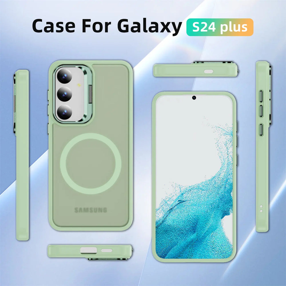 Grüne MagSafe Hülle für Samsung Galaxy S24 Plus, verschiedene Ansichten, Rückseite mit Ring.