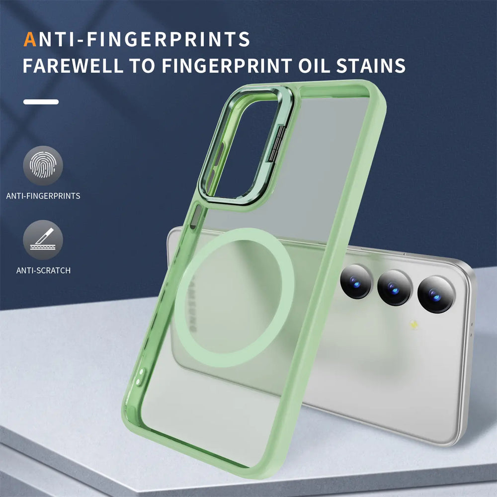 Grüne MagSafe Hülle mit Aufstellring, transparent, von vorne, Samsung S24 Plus.