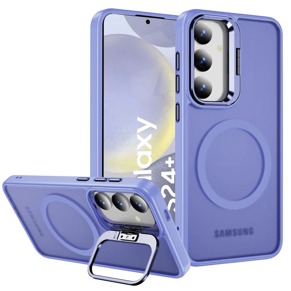 Lila MagSafe Hülle mit Aufstellring für Samsung Galaxy S24 Plus, von vorne und Seite