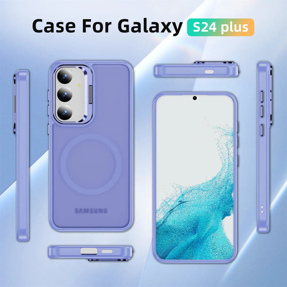Lila Hülle mit MagSafe-Ring für Samsung Galaxy S24 Plus, verschiedene Ansichten.