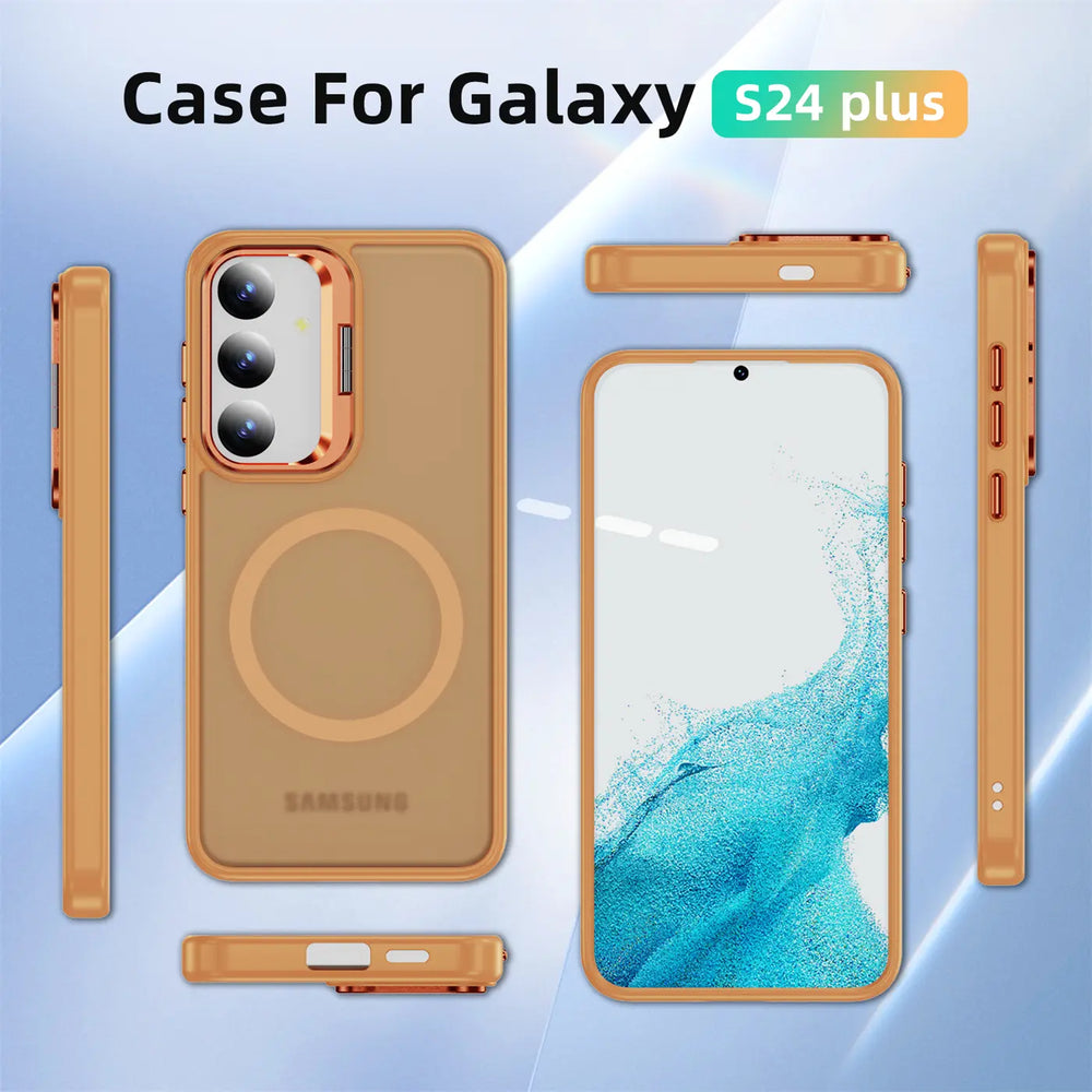 Orange Hülle mit MagSafe für Samsung S24 Plus, verschiedene Ansichten.