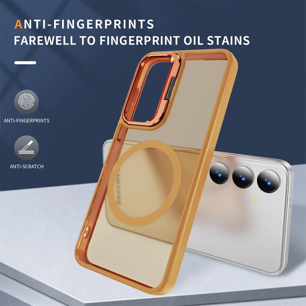 Goldene MagSafe Hülle mit Aufstellring, transparent, aus Kunststoff, Vorderansicht, Samsung S24 Plus.