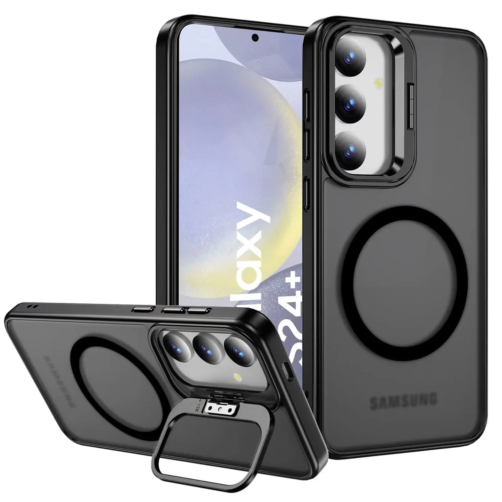 Schwarze MagSafe Hülle mit Aufstellring für Samsung Galaxy S24 Plus, aus Kunststoff, von vorne und schräg