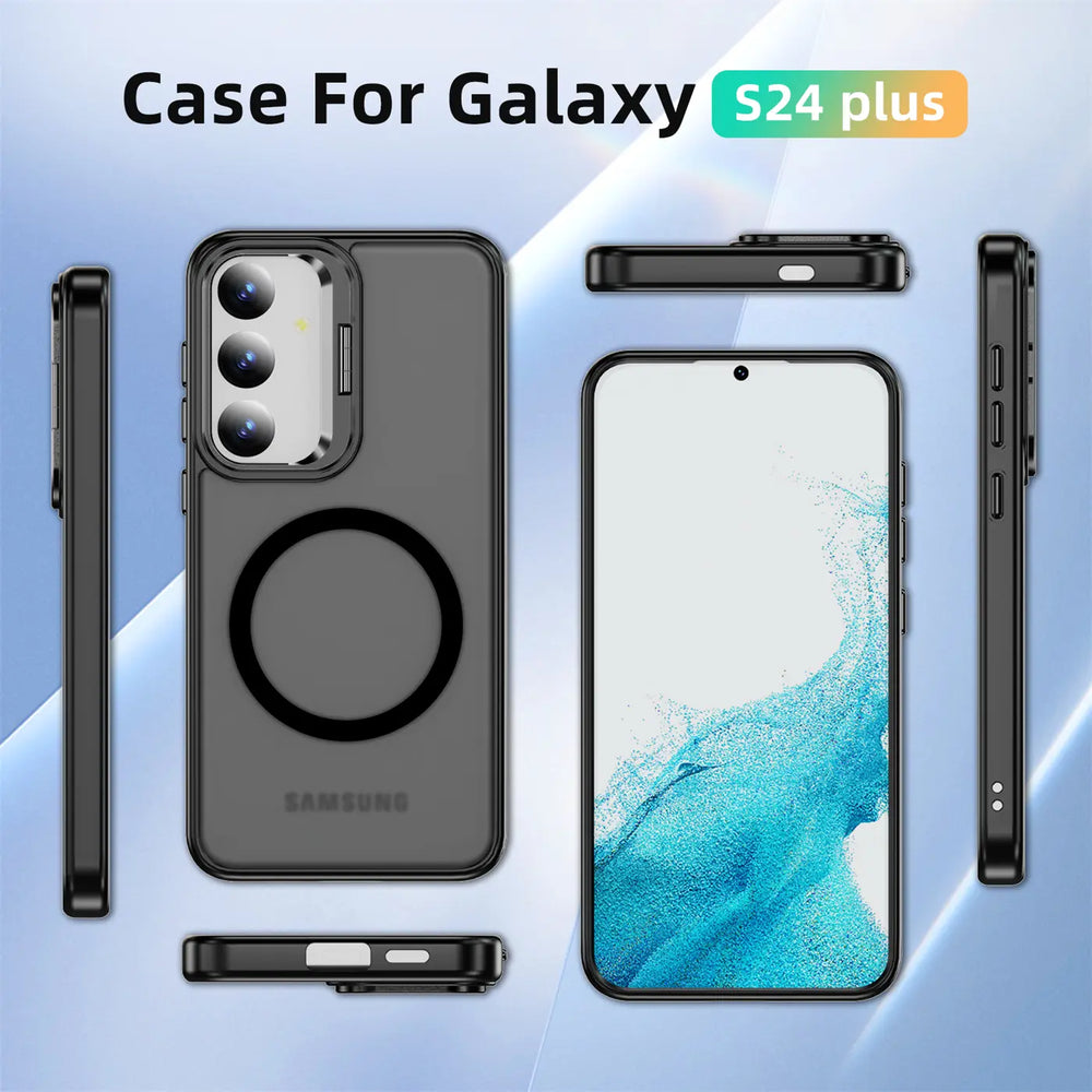 Schwarze MagSafe Hülle mit Aufstellring für Samsung Galaxy S24 Plus, Rück- und Seitenansicht.