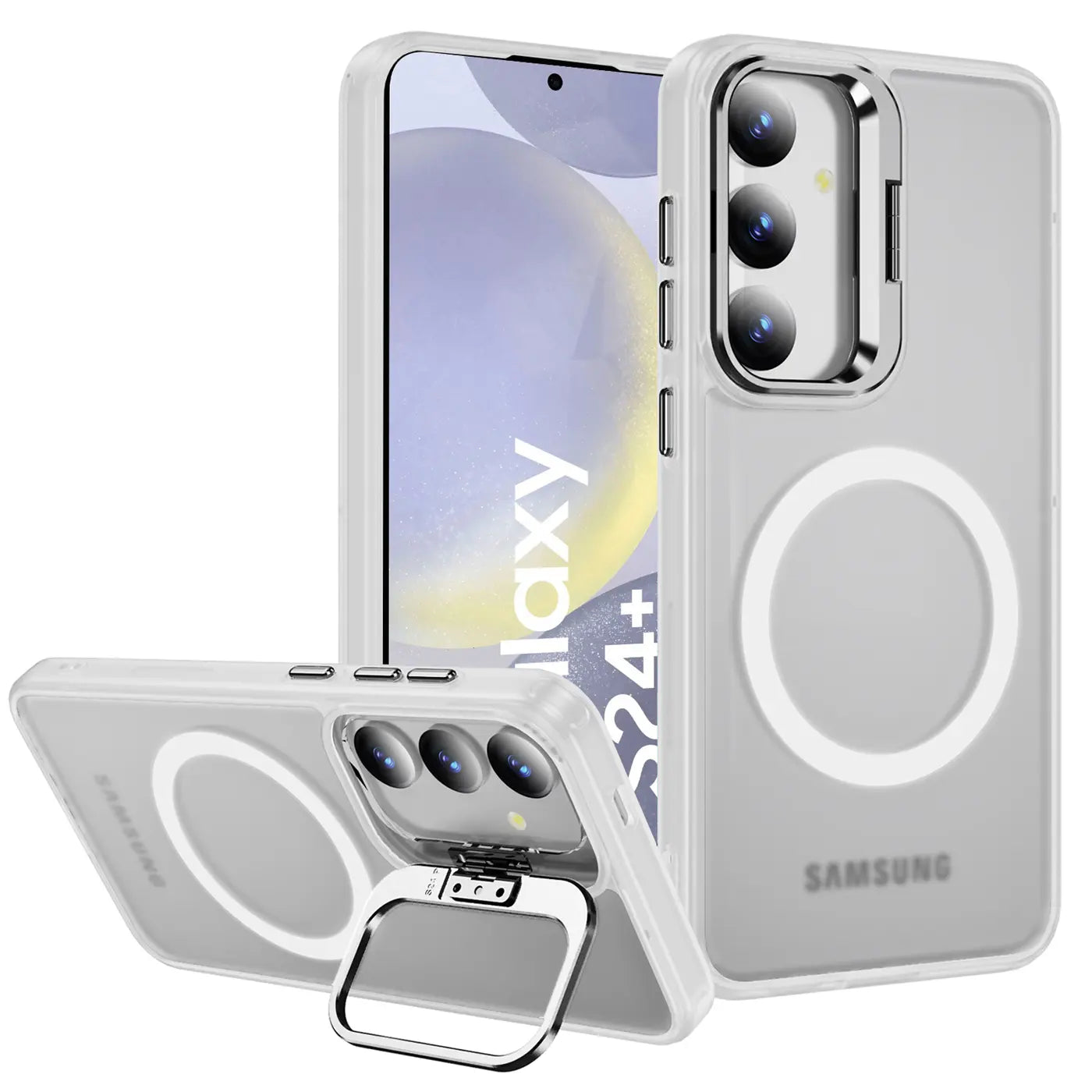 Transparente Hülle mit MagRing für Samsung Galaxy S24 Plus, silberner Ring, von vorne/seitlich
