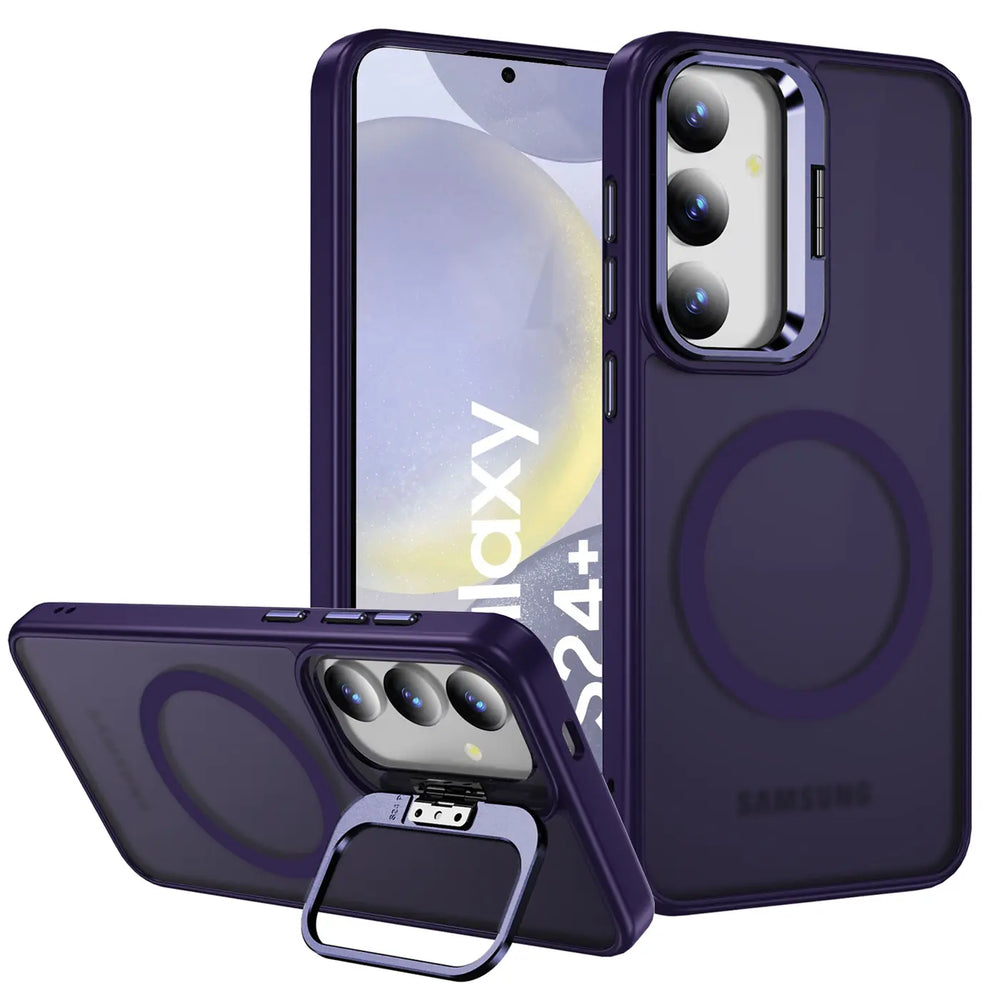 Dunkelviolette MagSafe Hülle mit Aufstellring für Samsung Galaxy S24 Plus, von vorne/seitlich