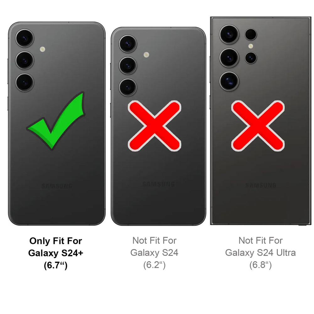Drei schwarze Samsung-Smartphones, Rückansicht. Links mit Häkchen, Mitte/rechts mit Kreuz.