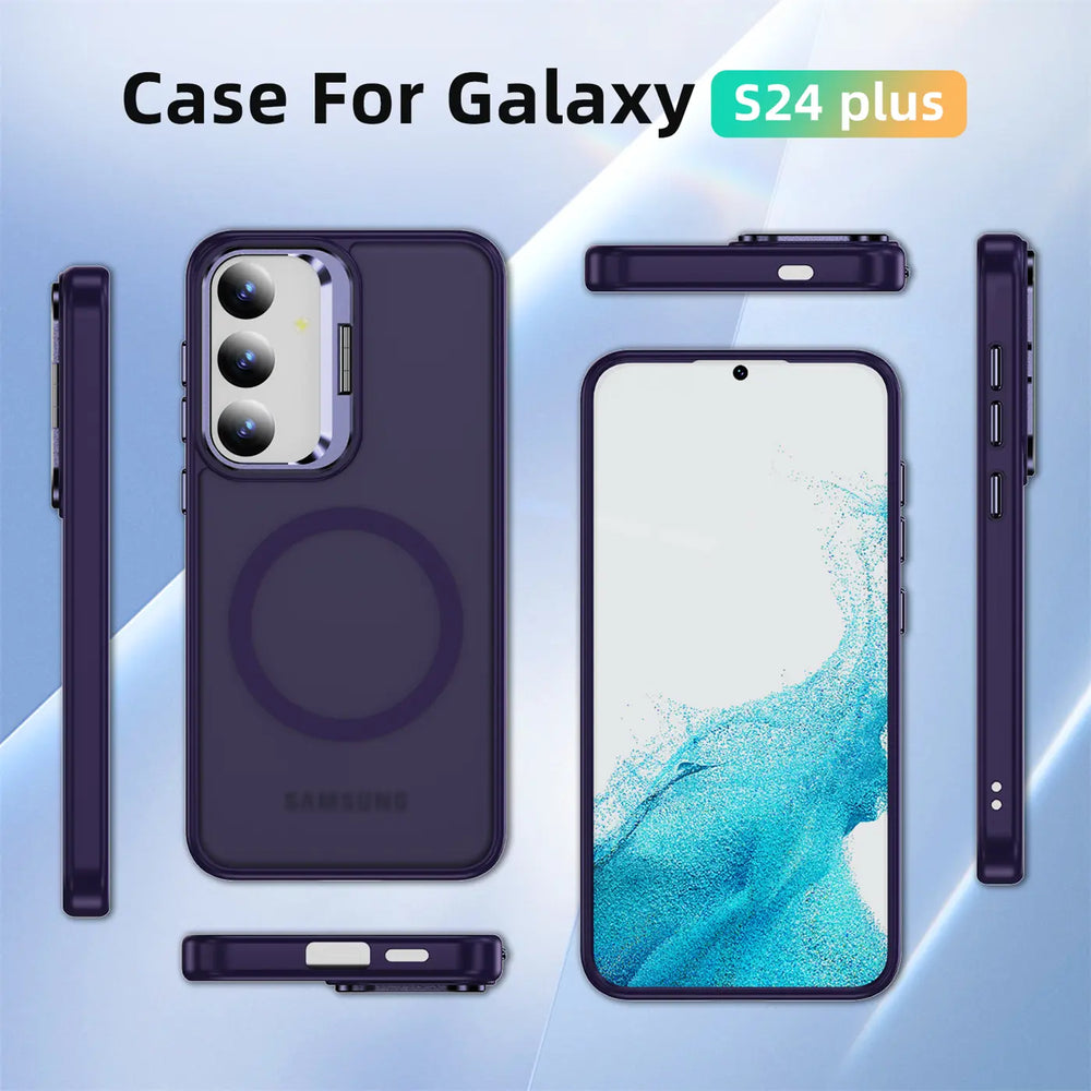 Dunkelviolette Hülle für Samsung Galaxy S24 Plus, MagSafe, Aufstellring, verschiedene Ansichten