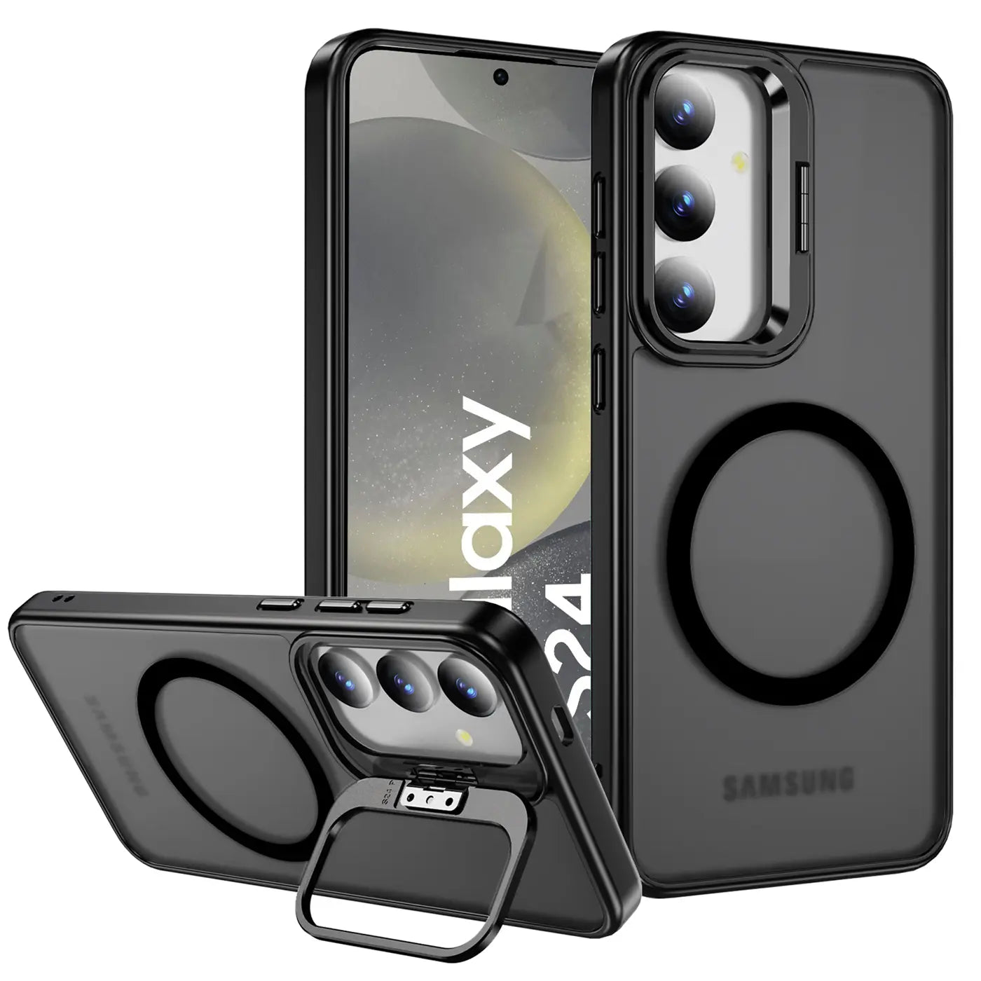 Schwarze MagSafe Hülle mit Aufstellring, aus Kunststoff, für Samsung Galaxy S24, von vorne und seitlich gezeigt.