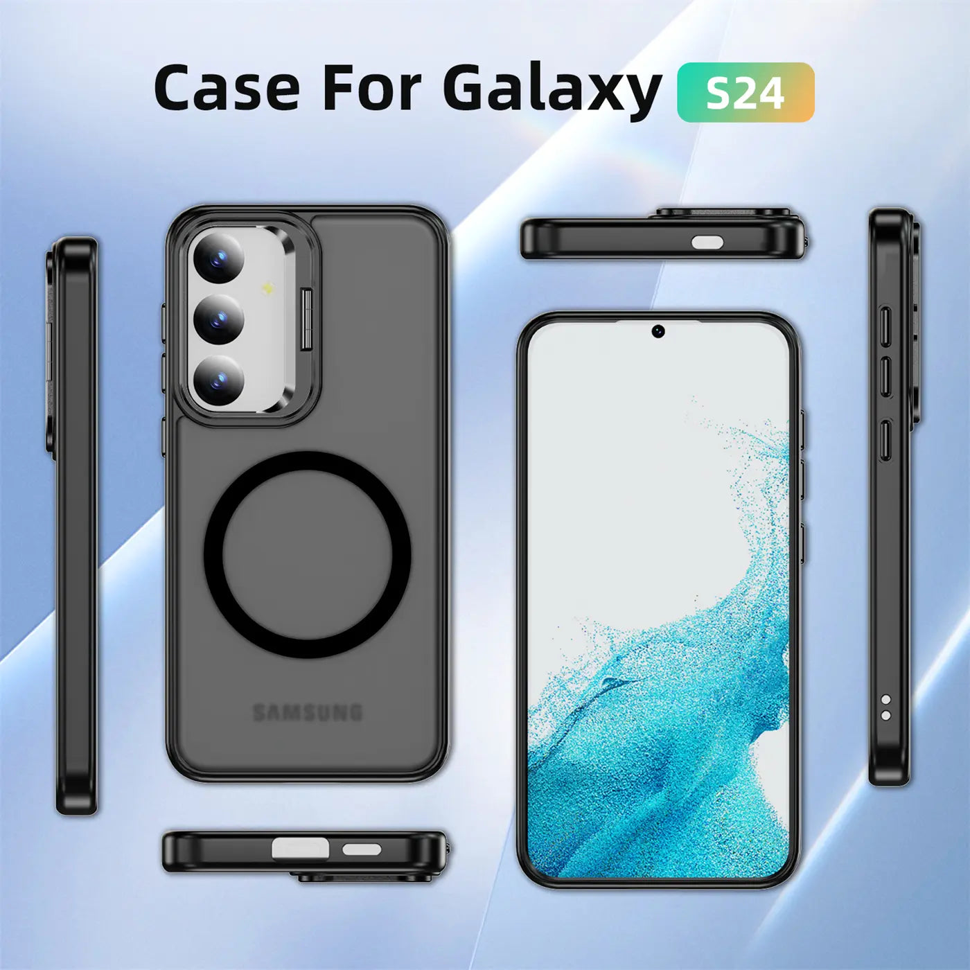 Schwarze MagSafe Hülle mit Aufstellring für Samsung Galaxy S24, verschiedene Ansichten