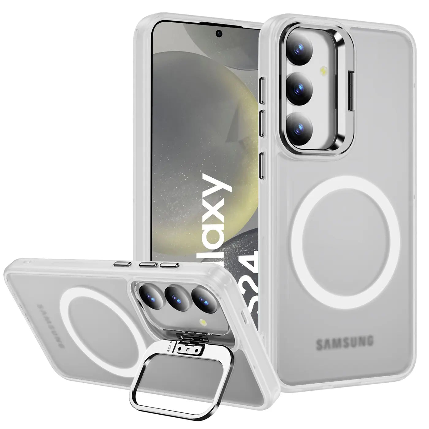 Transparente Hülle mit MagSafe-Ring für Samsung Galaxy S24, silberner Aufstellring, von vorne/seitlich