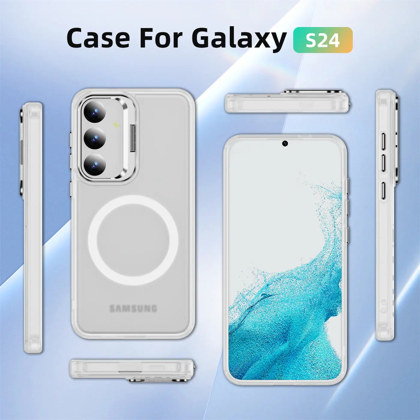 Transparente Hülle mit MagSafe-Ring für Samsung Galaxy S24, verschiedene Ansichten