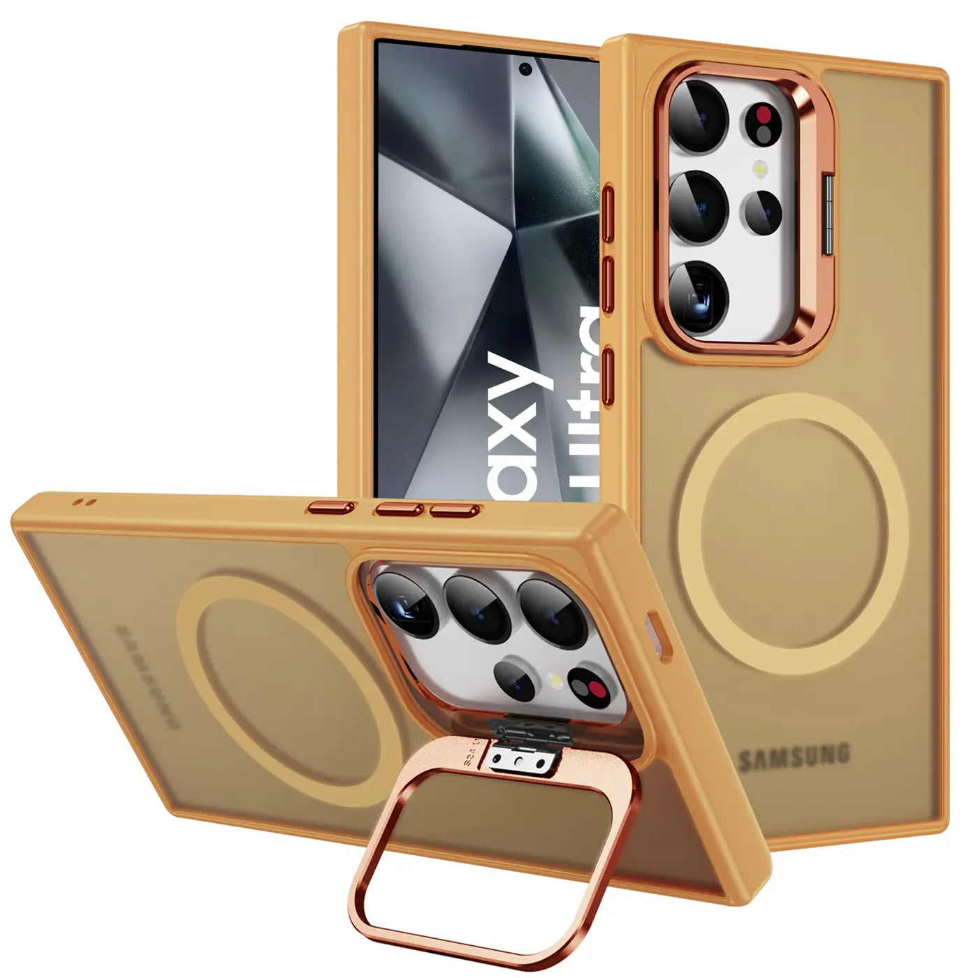 Goldene Handyhülle aus Kunststoff mit Aufstellring, zeigt Samsung Galaxy S24 Ultra, von vorne.
