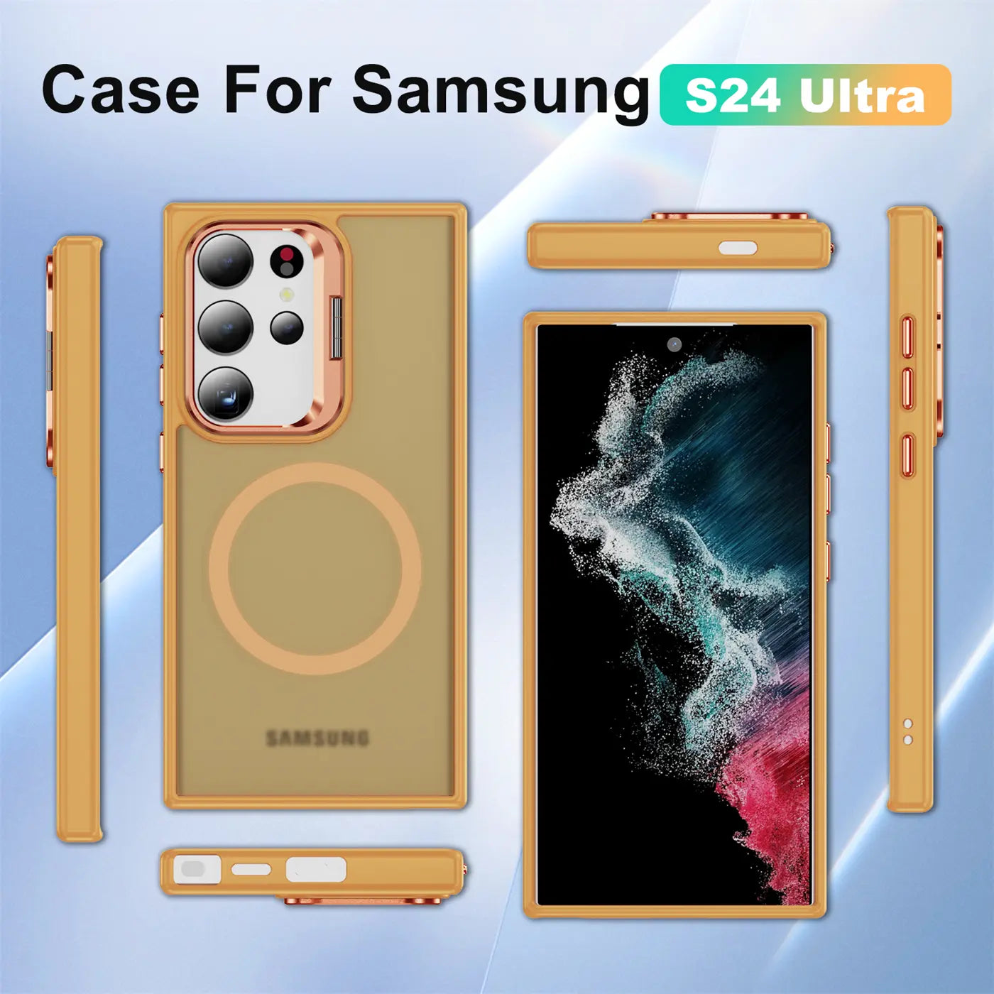 Goldene Hülle mit Aufstellring für Samsung S24 Ultra, von vorne, Seite, oben, unten.