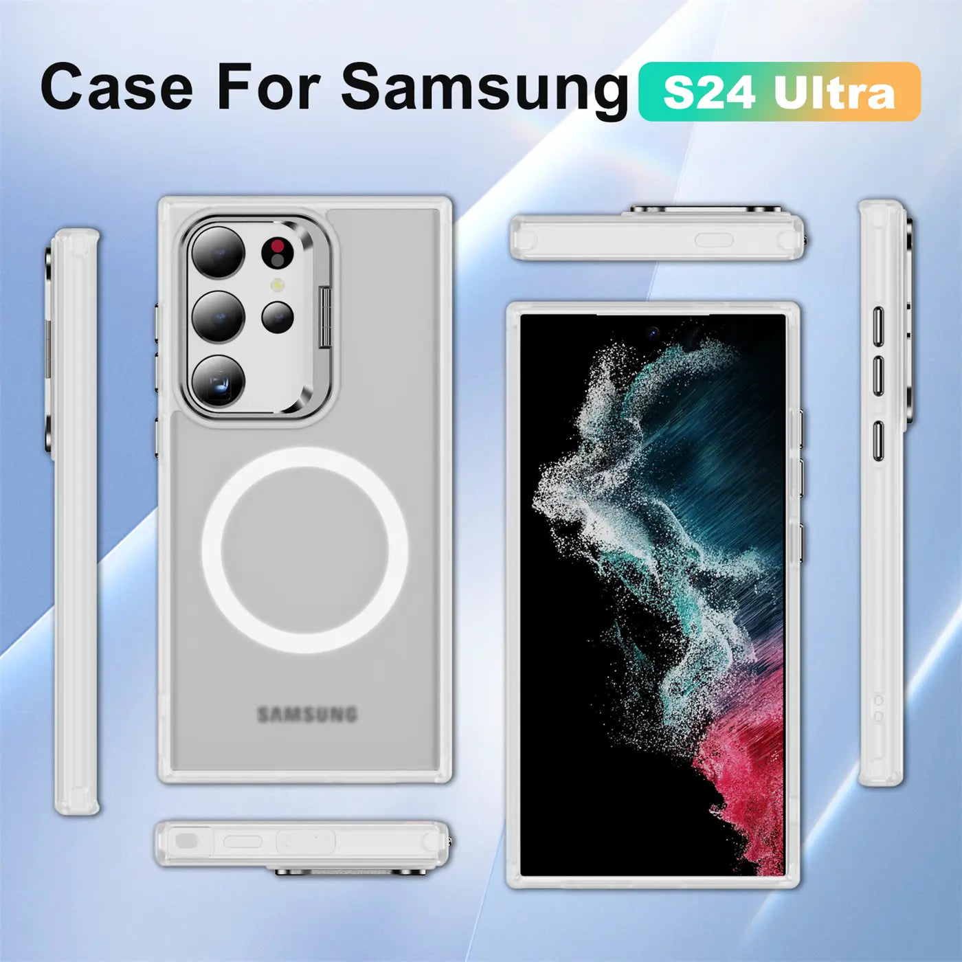 Transparente Hülle für Samsung S24 Ultra, weiß, mit MagSafe-Ring, verschiedene Ansichten.