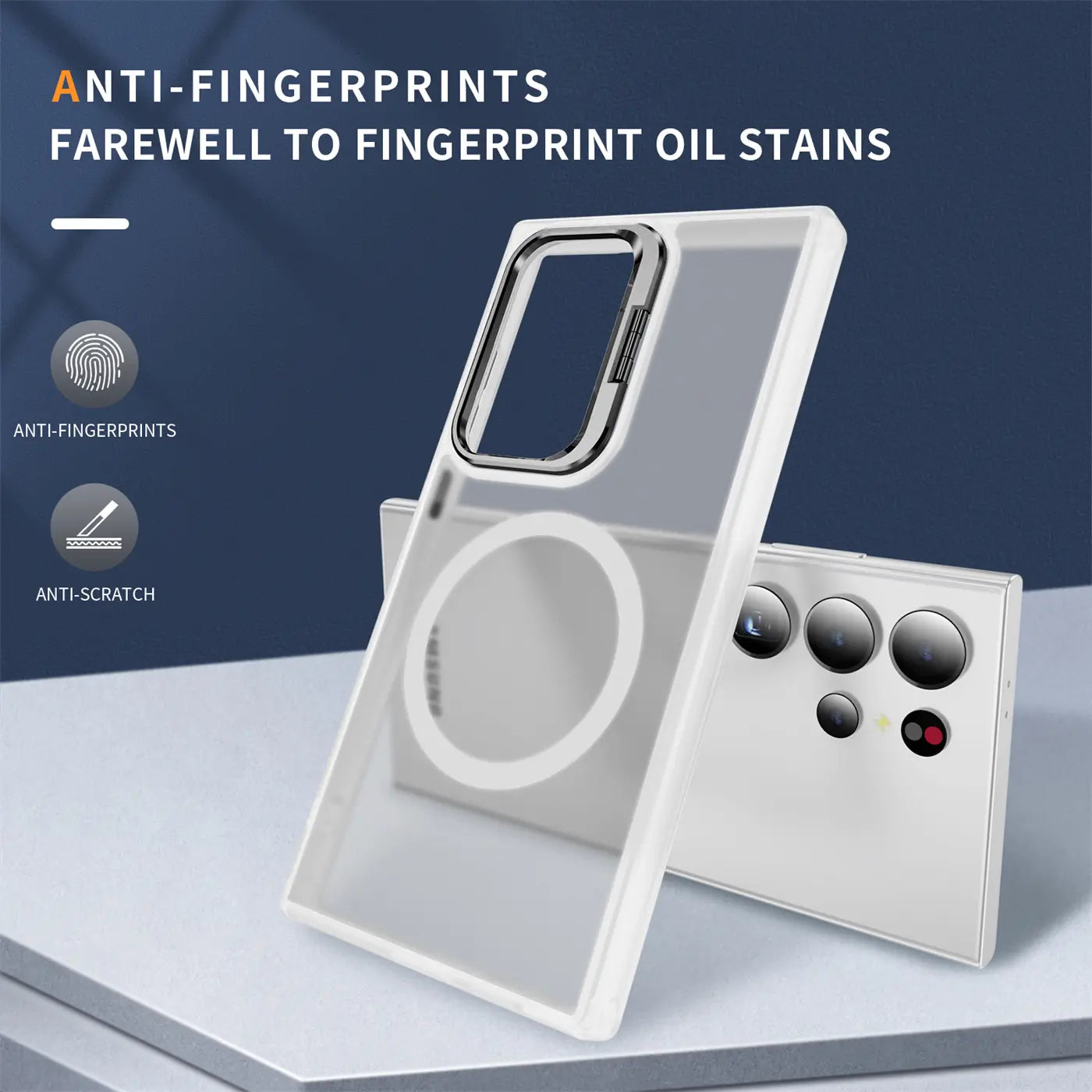 Transparente Hülle mit MagSafe-Ring für Samsung S24 Ultra, von vorne, klarer Kunststoff.