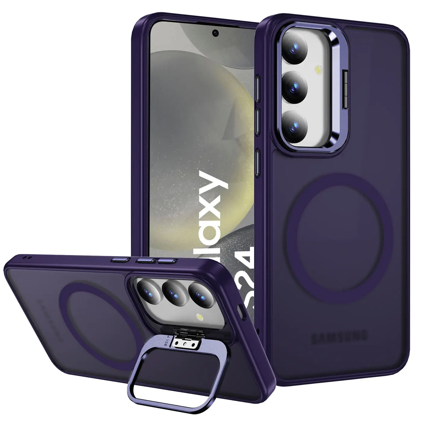 Dunkelviolette MagSafe-Hülle mit Aufstellring für Samsung Galaxy S24, von vorne und Seite