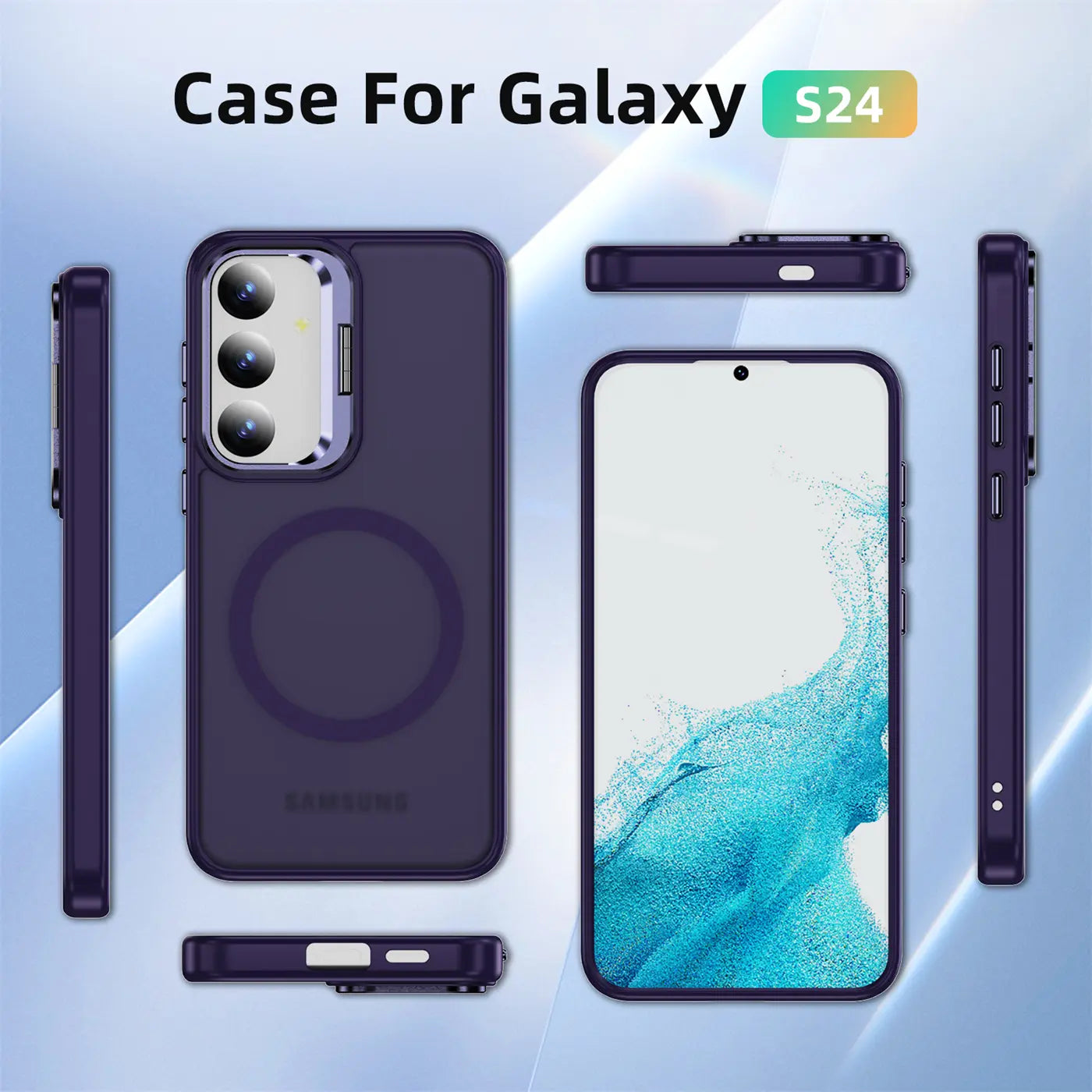 Dunkelviolette Hülle mit Aufstellring für Samsung Galaxy S24, verschiedene Ansichten.