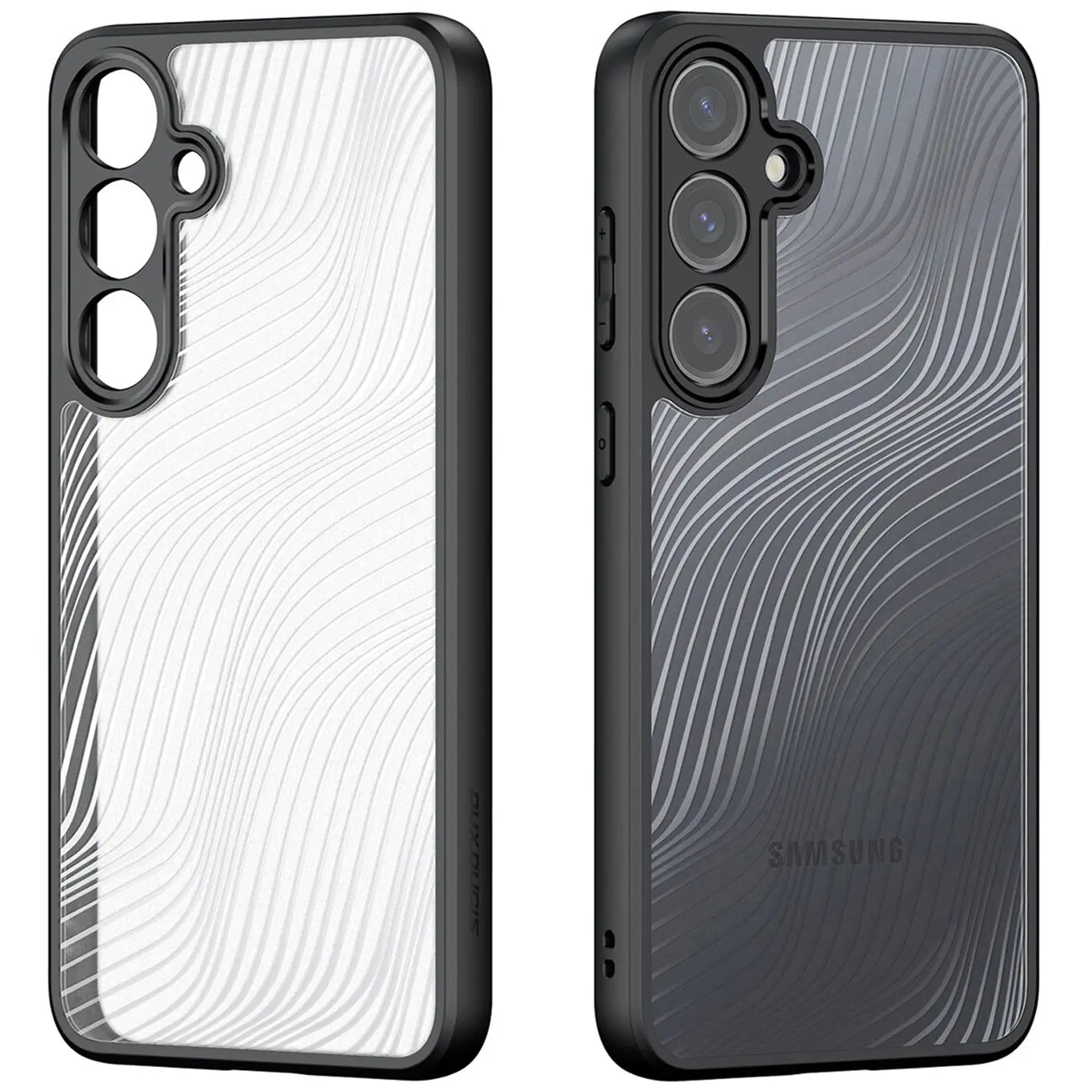 Zwei Schutzhüllen für Samsung Galaxy S24, transparent/grau, mit Wellenmuster, Vorder- und Rückansicht.