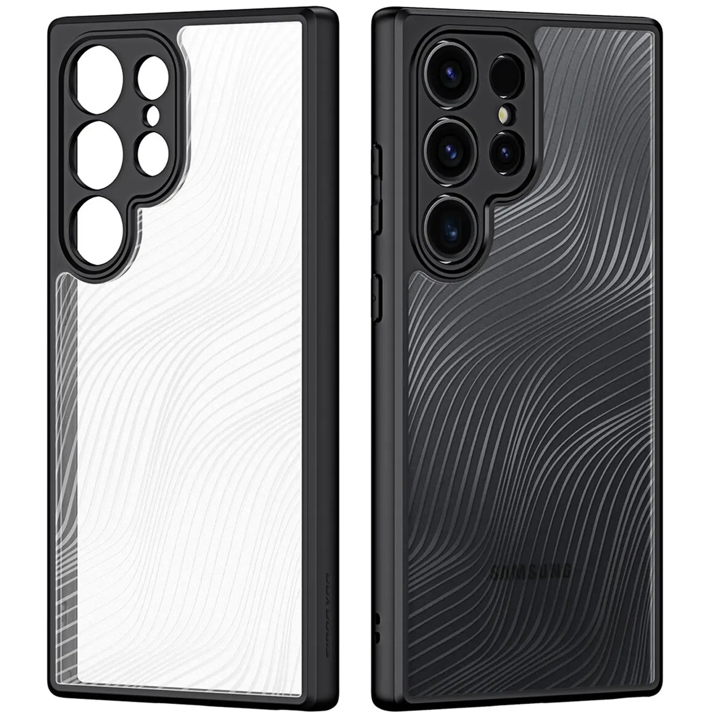 Schutzhülle für Samsung Galaxy S24 Ultra, schwarz, transparent, Rückseite mit Wellenmuster, Vorder- und Rückansicht.