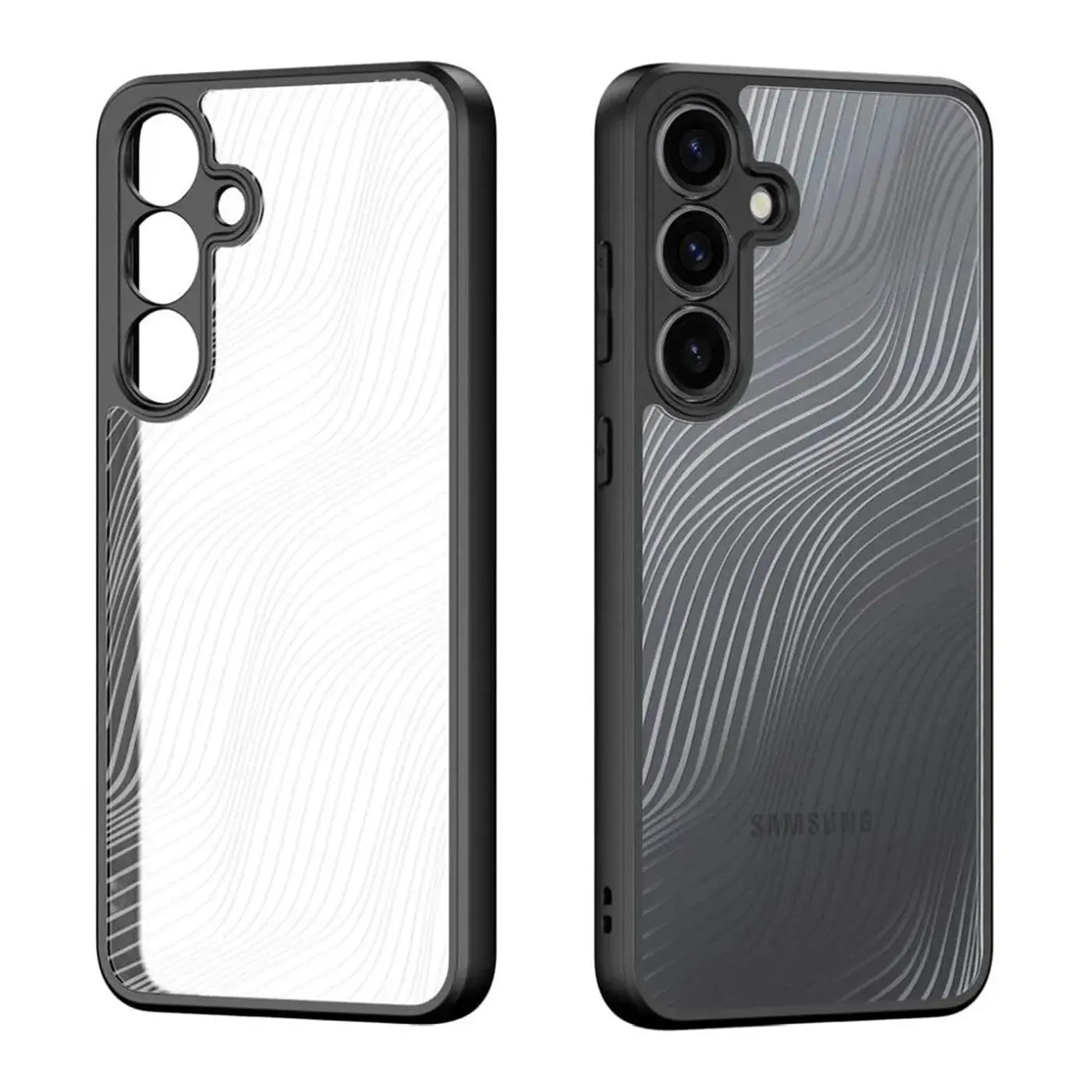 Zwei Schutzhüllen für Samsung Galaxy S25, transparent und dunkelgrau, mit Wellenmuster.