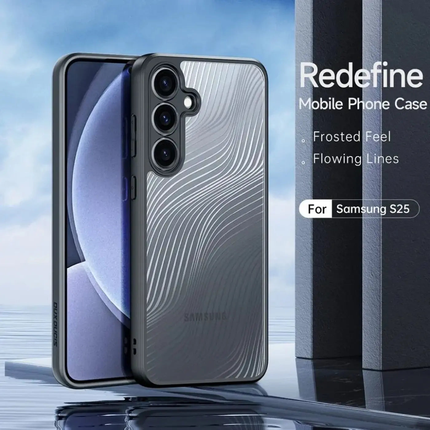 Graue Hülle mit Wellenmuster für Samsung S25, von vorne links, Materialmix