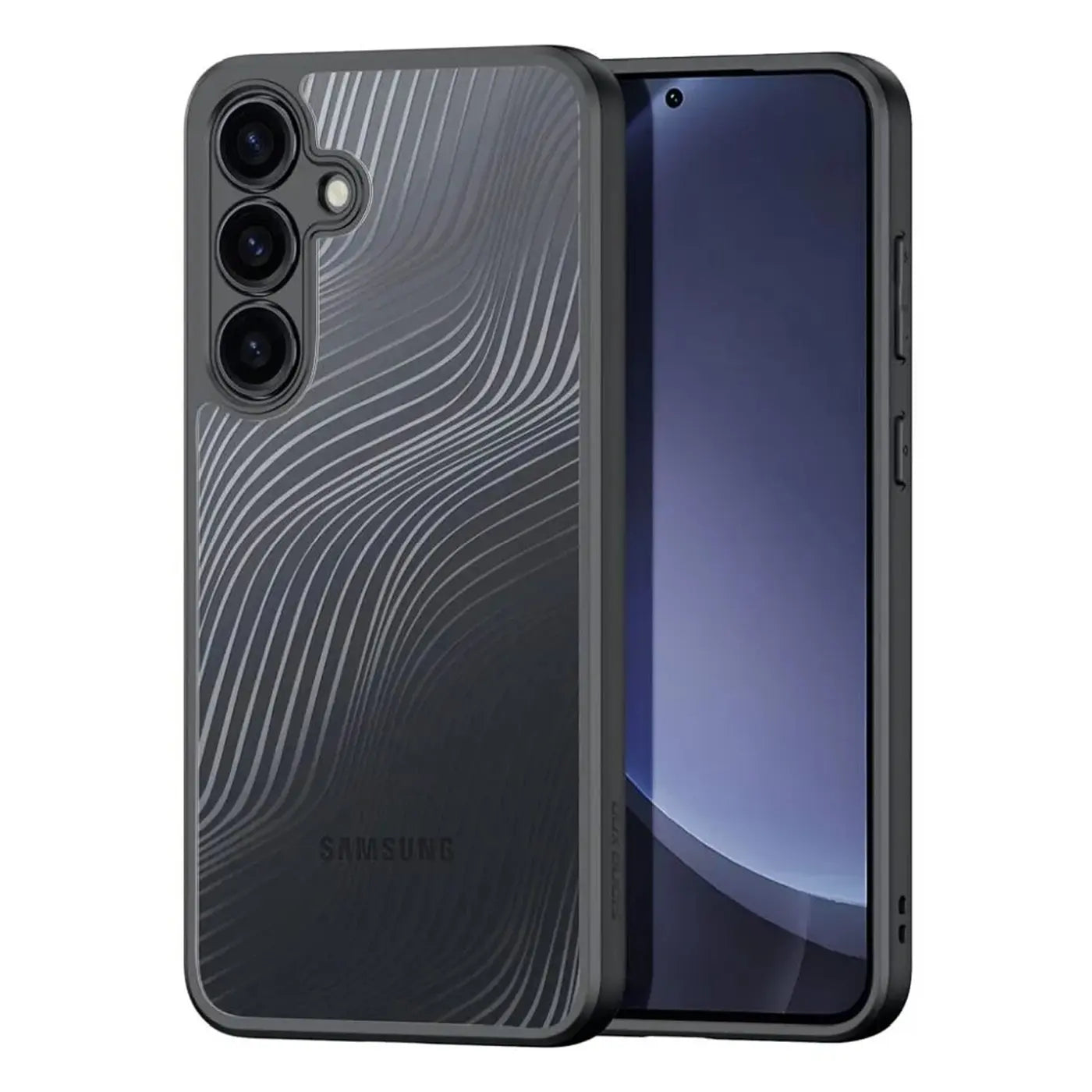 Dunkelgraue Schutzhülle mit Wellenmuster auf Samsung Galaxy S25 Plus, von vorne, leicht schräg.