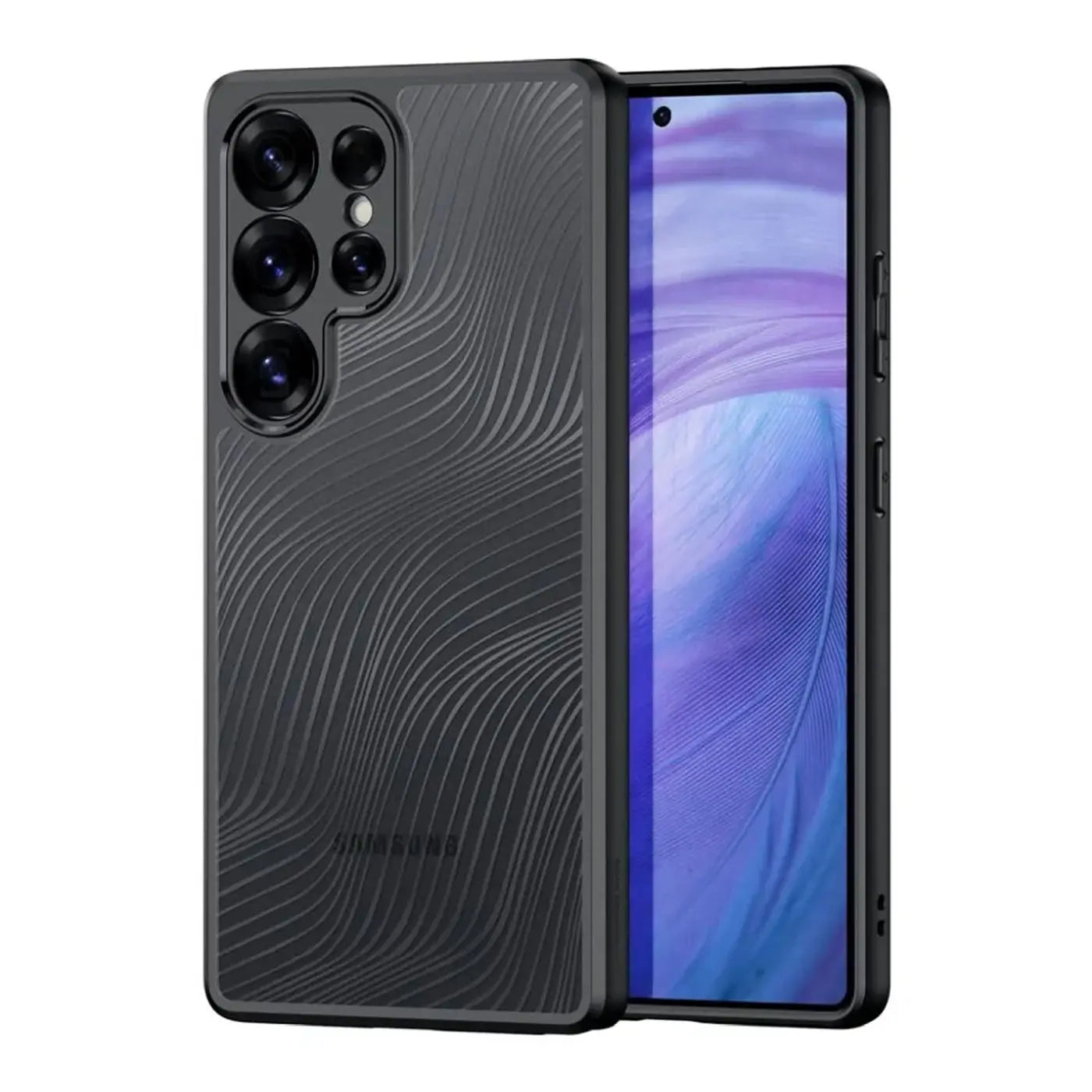 Dunkelgraue Handyhülle aus Kunststoff mit Wellenmuster, Samsung Galaxy S25 Ultra, von vorne links