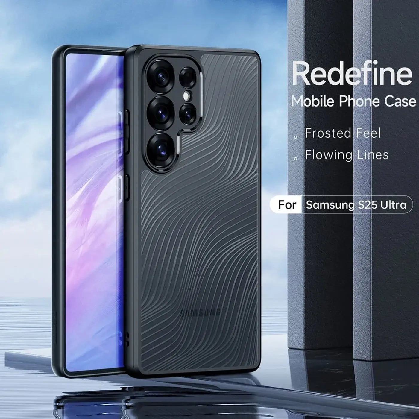 Dunkelgraue Handyhülle aus Kunststoff mit Wellenmuster, Vorderansicht, für Samsung S25 Ultra.